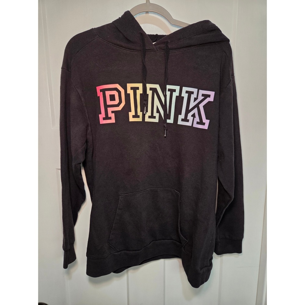 Victorias Secret PINK Hoodie Black Rainbow Gradient Logo Pullover Sweatshirt M